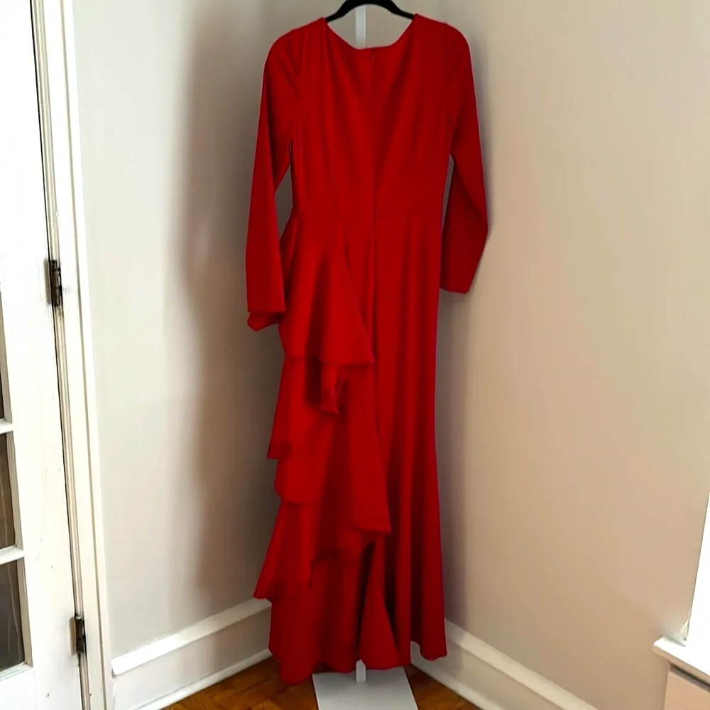 Badgley Mischka Red Long Sleeve Front Ruffle Gown Size  8 - Picture 7 of 11
